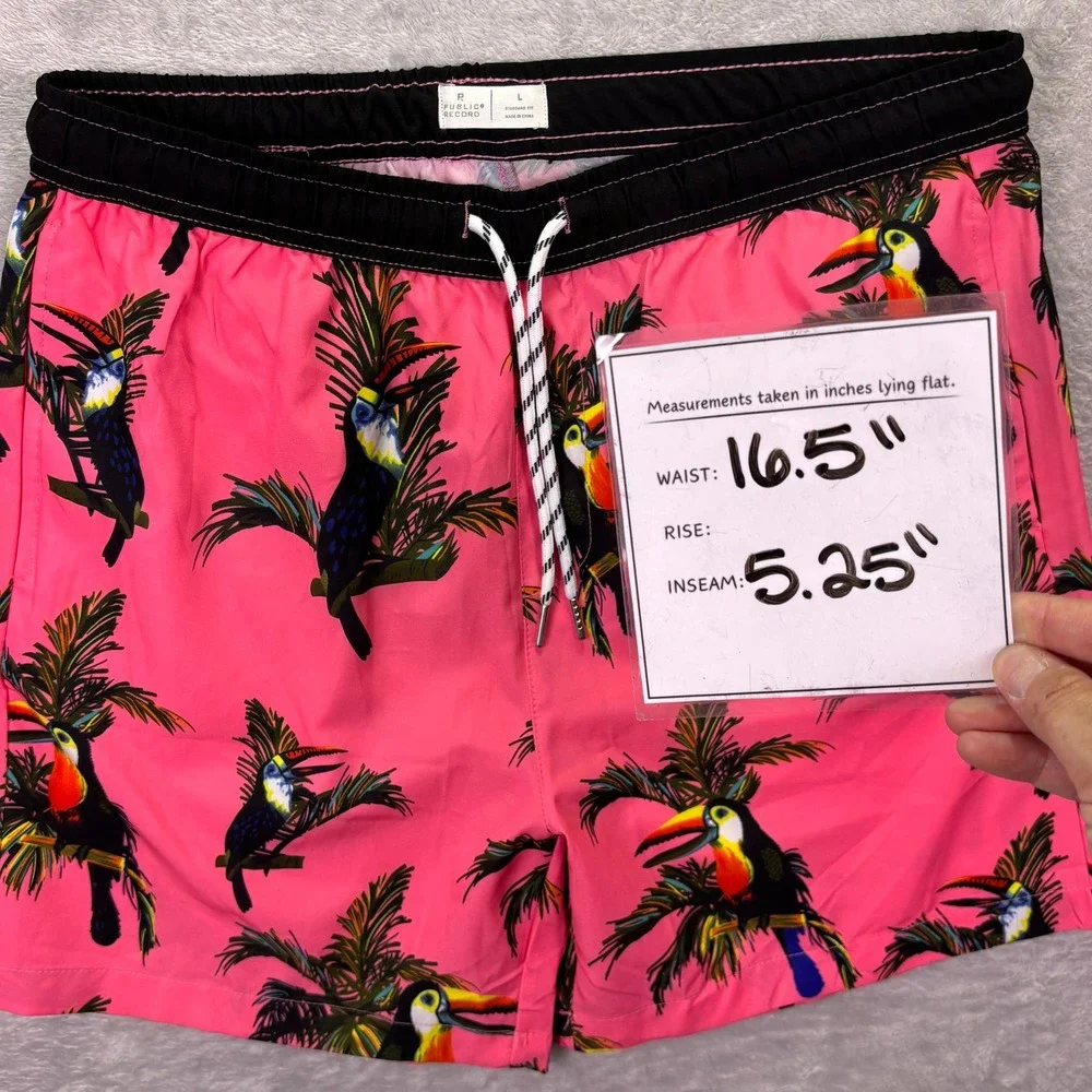 Public Record Mens Swim Shorts L Pink Toucan Birds of Paradise Tropical Trunks